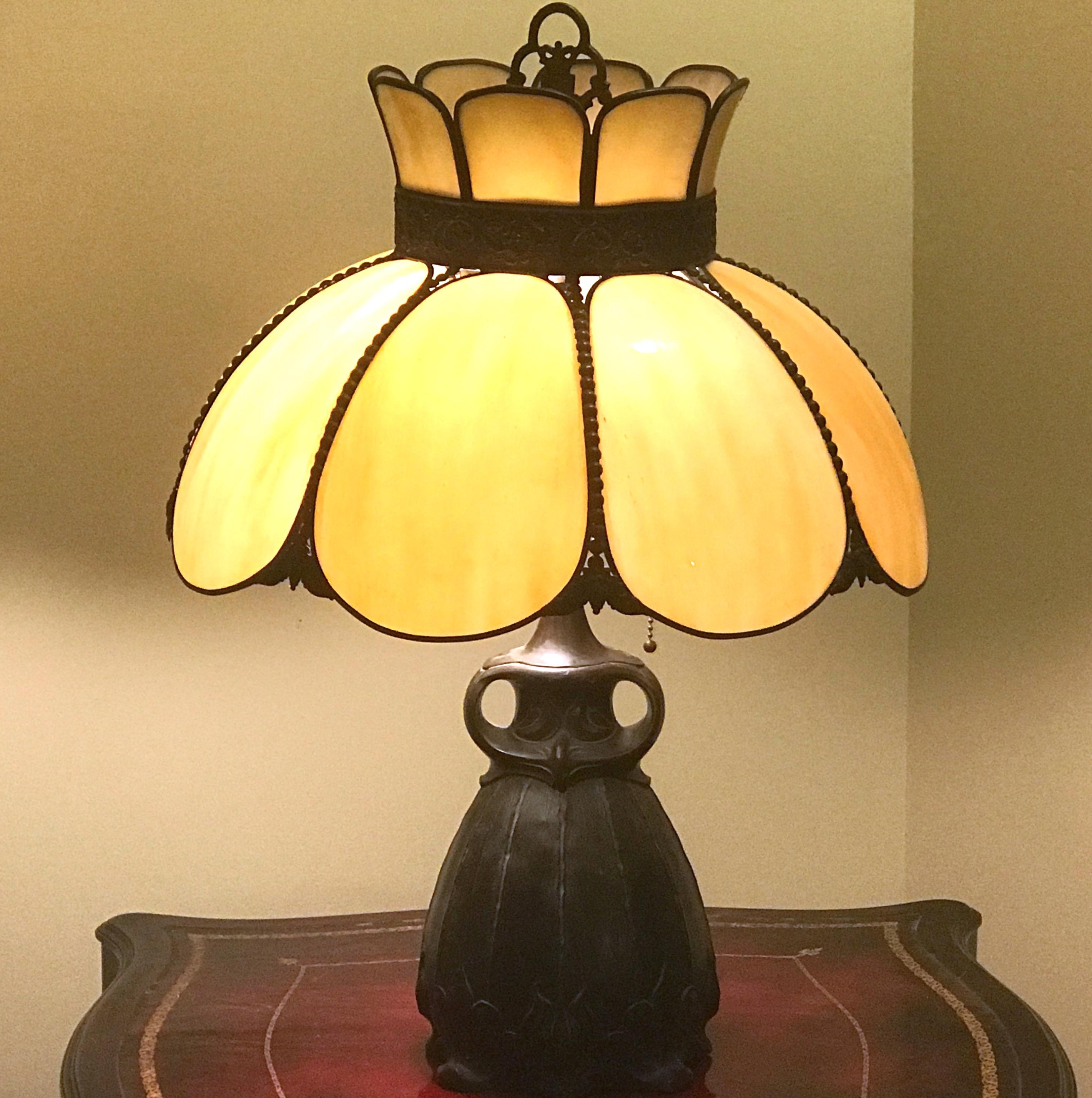 Vintage Bronze Base Lamp with Stained Glass Shade