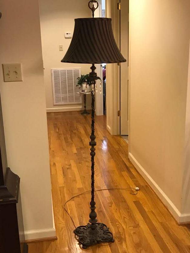 Tall Vintage Metal Floor Lamp with with Crystals, Cast Iron Base & Shade