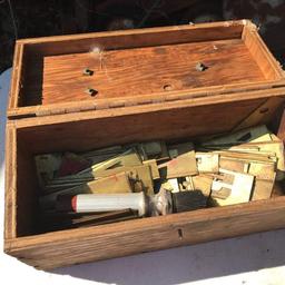 Lot of Vintage Brass Stencils in Old Wooden Box