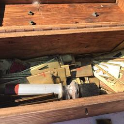 Lot of Vintage Brass Stencils in Old Wooden Box