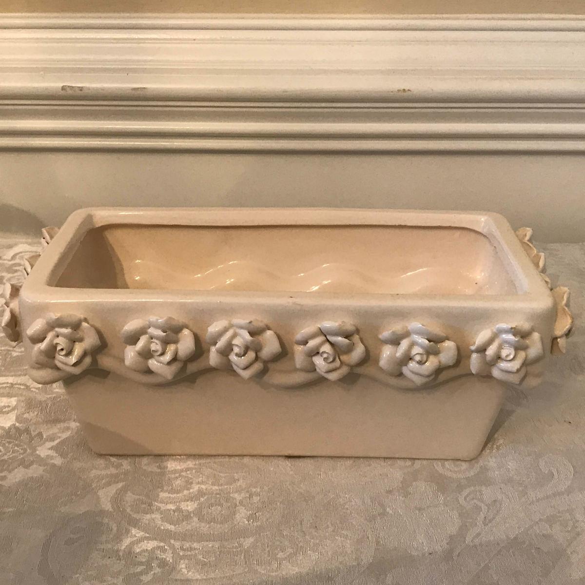 Rectangular Pottery Planter with Rose Design