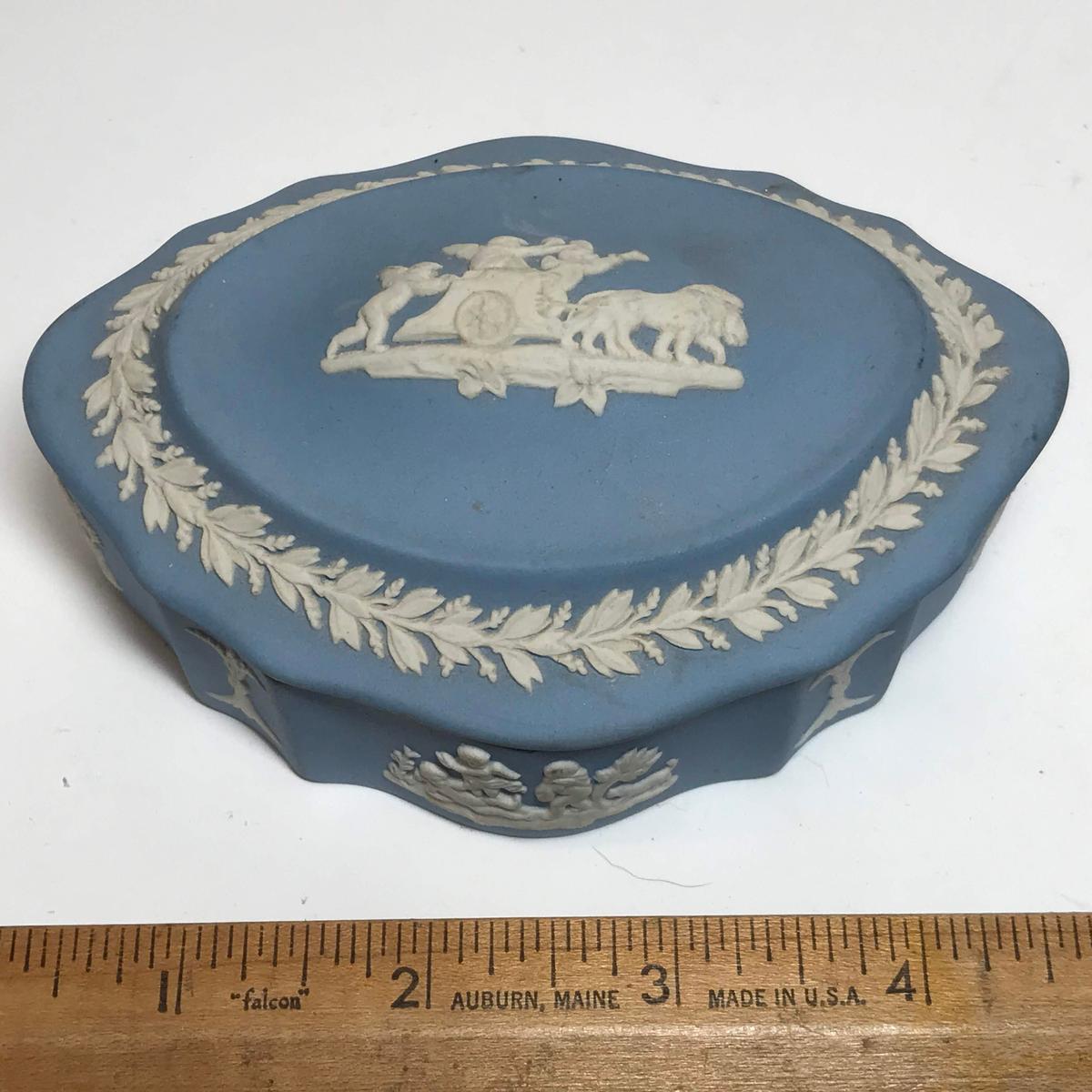 Vintage Wedgwood Blue Jasperware Powder Dish w/ Lid. Signed on Bottom