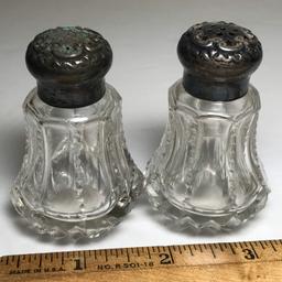 Vintage Glass Salt & Pepper Shakers with Sterling Silver Tops