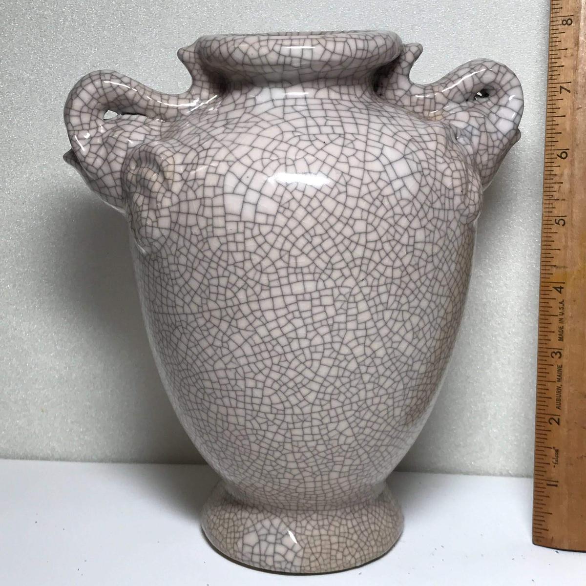 Adorable Double Handled Trunk-Up Elephant Pottery Vase