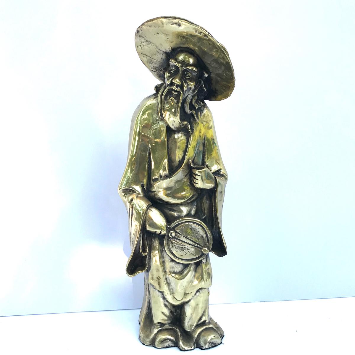 Vintage Heavy Brass Oriental Man with Hat Statue 13-1/2” tall