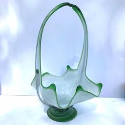 Gorgeous Large 18-1/2” Hand Blown Art Glass Basket