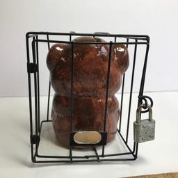 Vintage Ceramic Monkey Bank in Cage