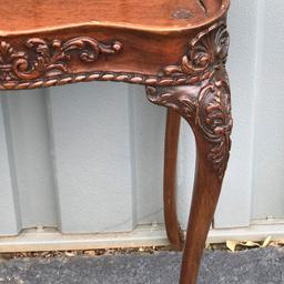 Amazing Intricately Carved Side Table with Queen Anne Legs & Glass Top