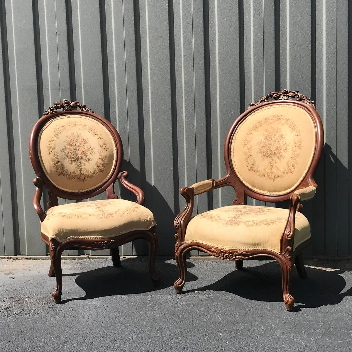 Gorgeous Victorian Antique His & Hers Parlor Chairs with Beautiful Carvings & Floral Upholstery