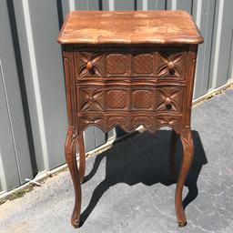 Early Carved Wood Side Table with 2 Drawers