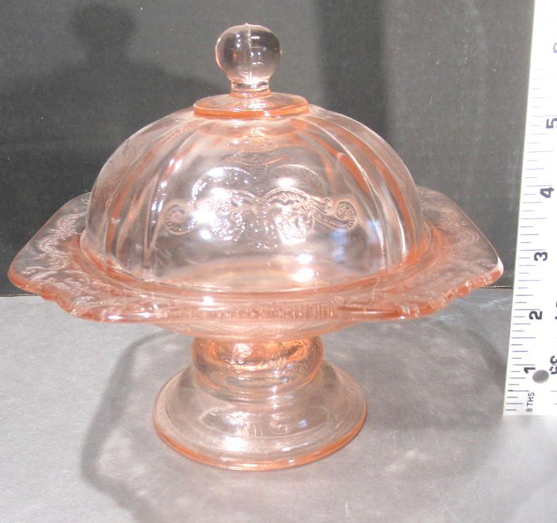 Footed Pink Depression Glass Dish with Lid