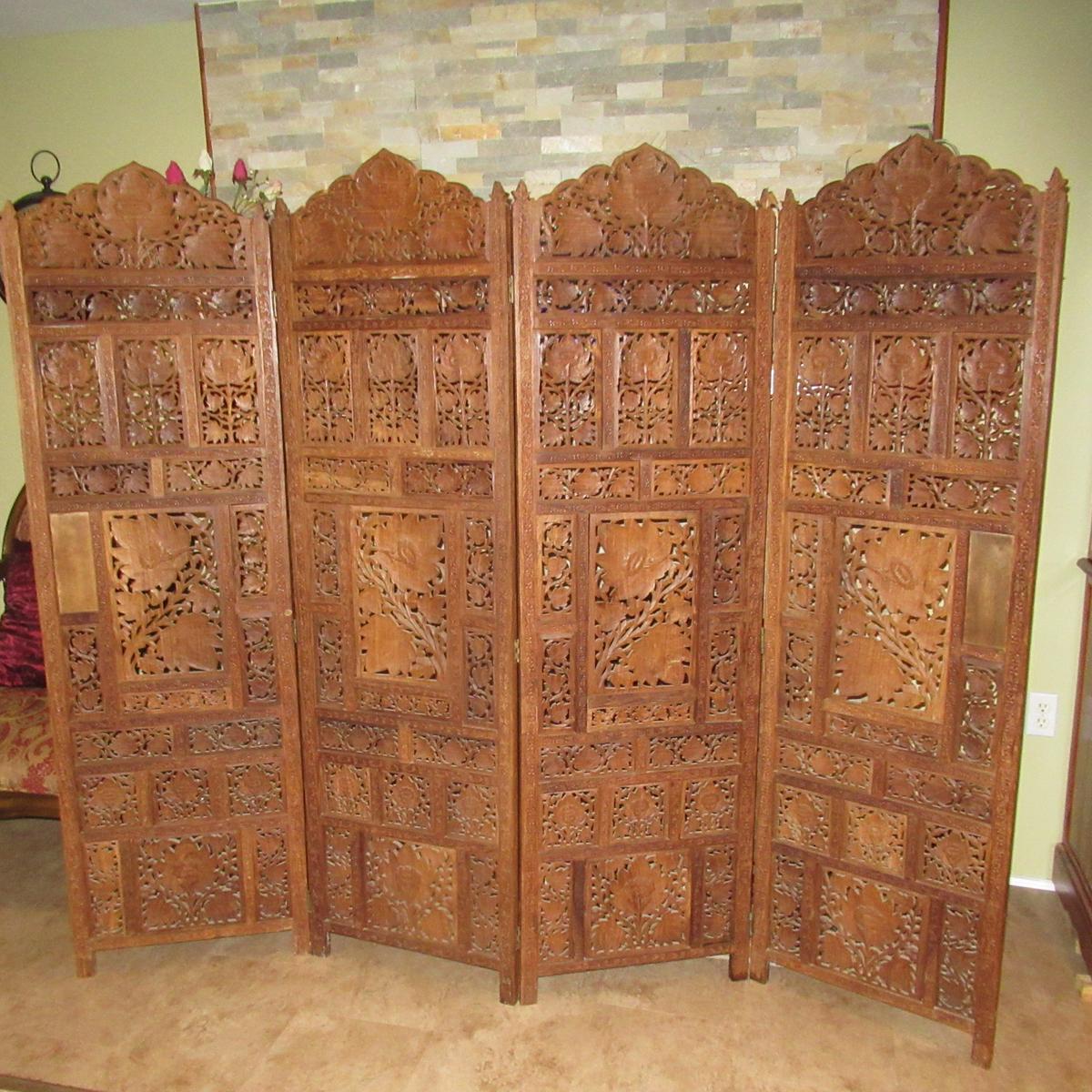 Large Ornately Carved Teak Wood  4 Panel Folding Room Divider Screen