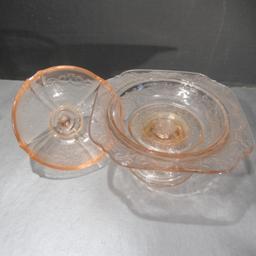 Footed Pink Depression Glass Dish with Lid