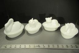 4 Milk Glass Animal Covered Bowls  Swan Horse & 2 Cats "On a Nest"