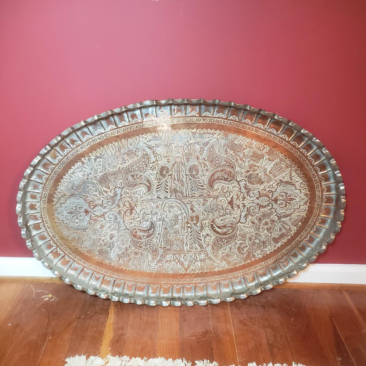 Vintage Extra Large Ornate Oval Etched Brass Tray Table Top