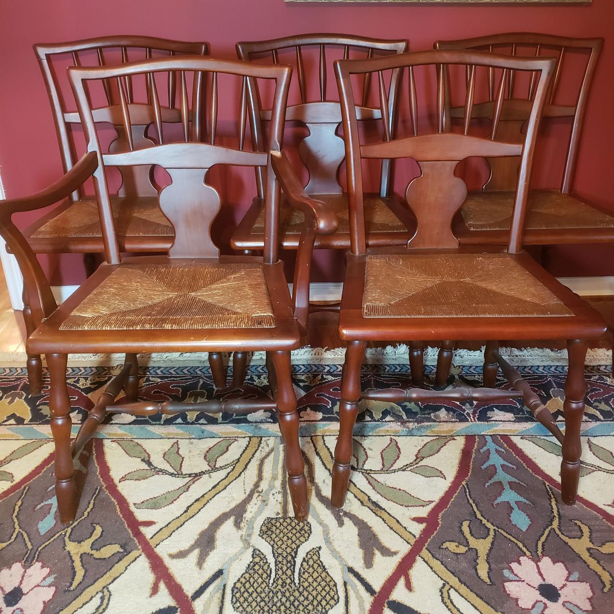 Set of 5 Vintage Wood Dining Chairs with Rush Seats