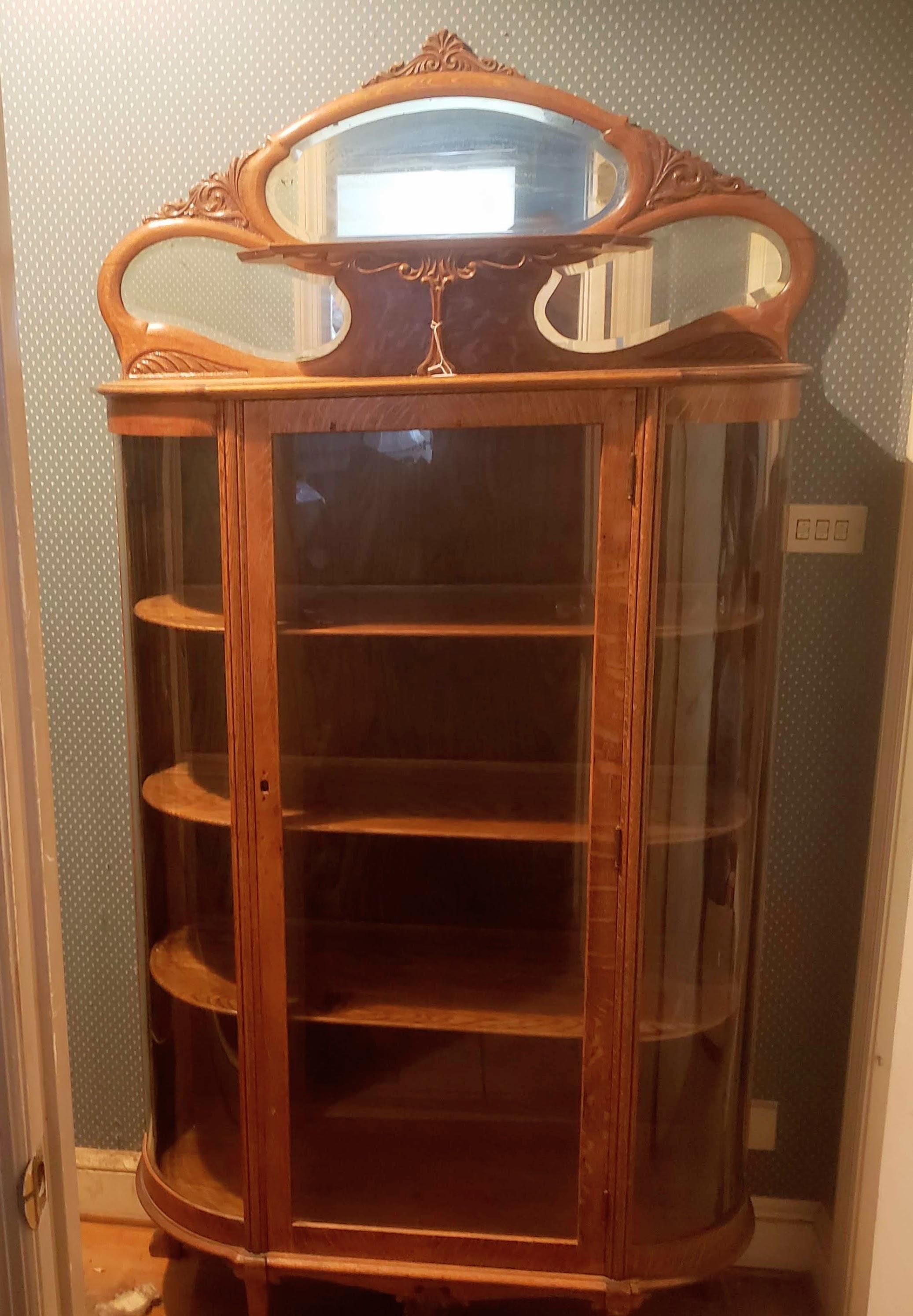 Vintage Oak Curio Cabinet with Rounded Glass