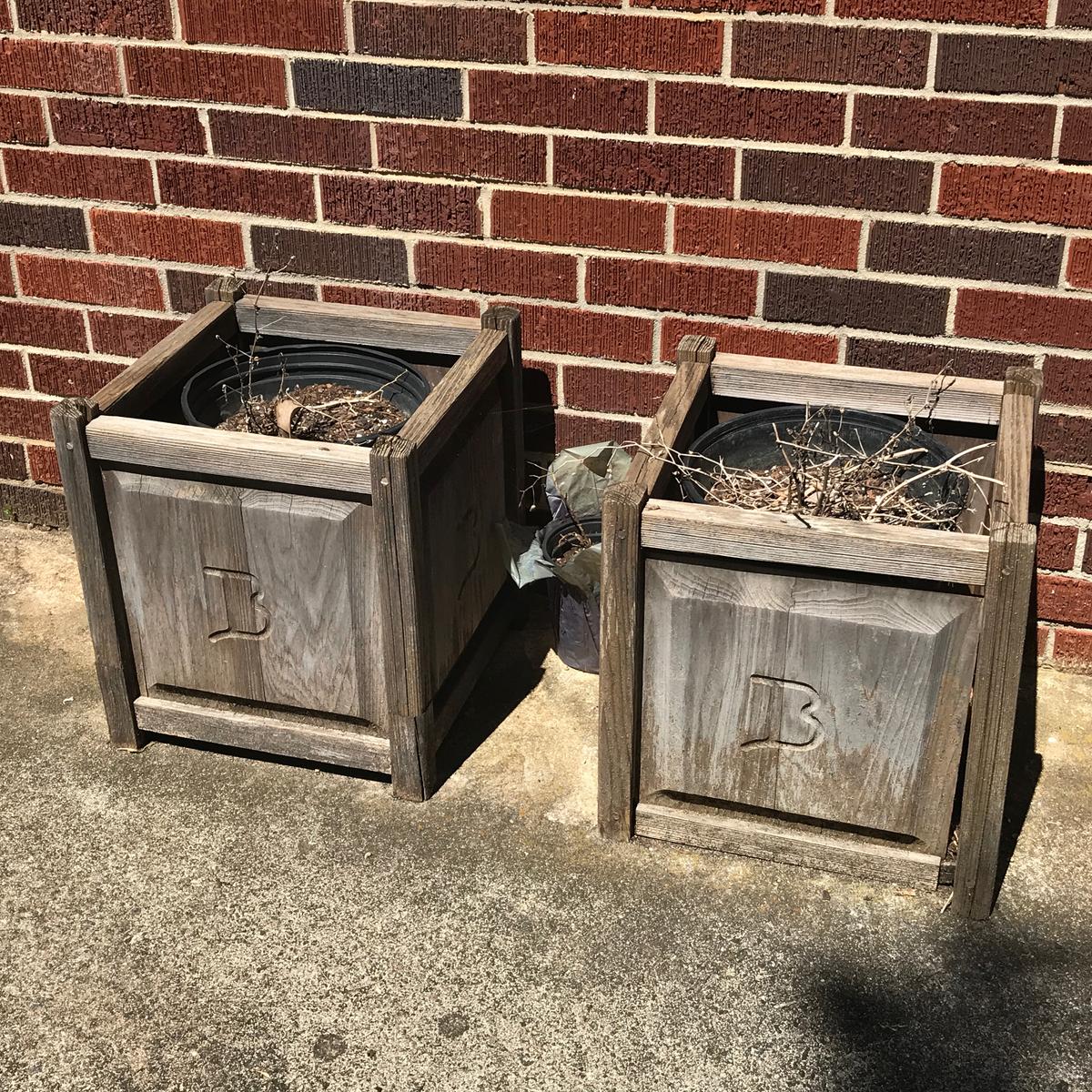 Pair of Wooden Outdoor Plant Boxes with “B” Etched Sides