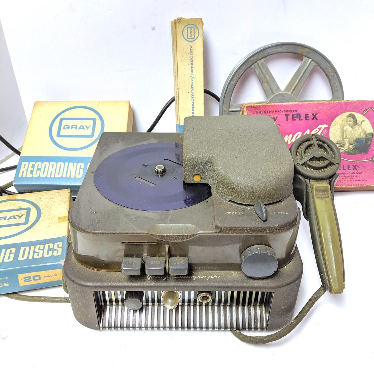 Vintage 1940's Gray Audograph Dictation Machine With Hard To Find Recording Discs & Accessories
