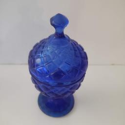 Vintage Blue Glass Lidded Containers and Vase