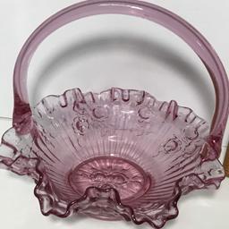 Beautiful Vintage Cranberry Signed Embossed Fenton Basket