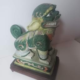 Vintage Ceramic Foo Dog on Wood Platform