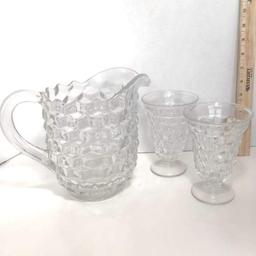 Set of Heavy Fostoria Glass Pitcher and Two Goblets