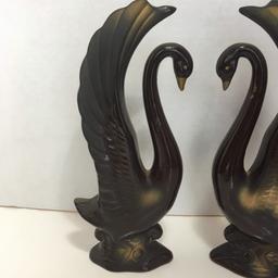 Pair of Vintage Ceramic Black Swans Statues