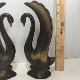 Pair of Vintage Ceramic Black Swans Statues