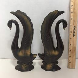 Pair of Vintage Ceramic Black Swans Statues