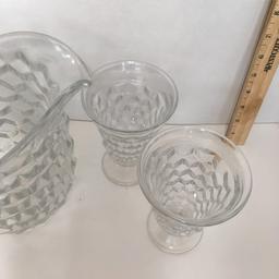 Set of Heavy Fostoria Glass Pitcher and Two Goblets