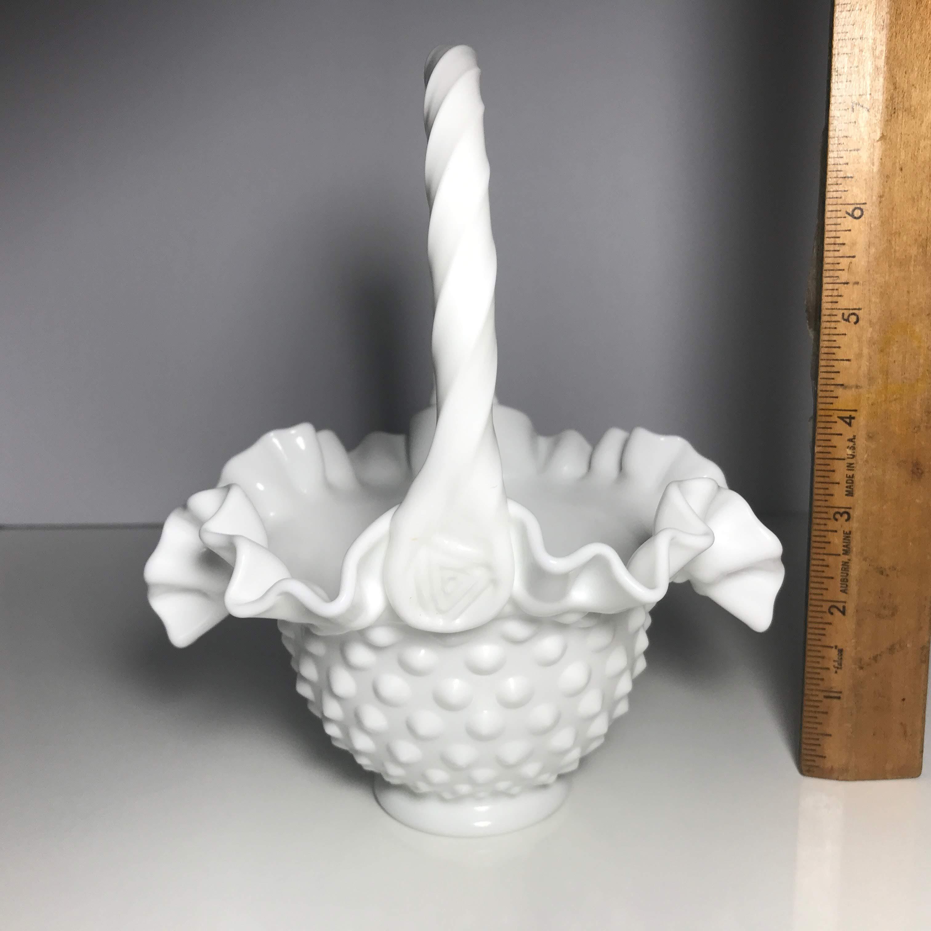 Nice Vintage Milk Glass Hobnail Signed Fenton Basket with Original Foil Label