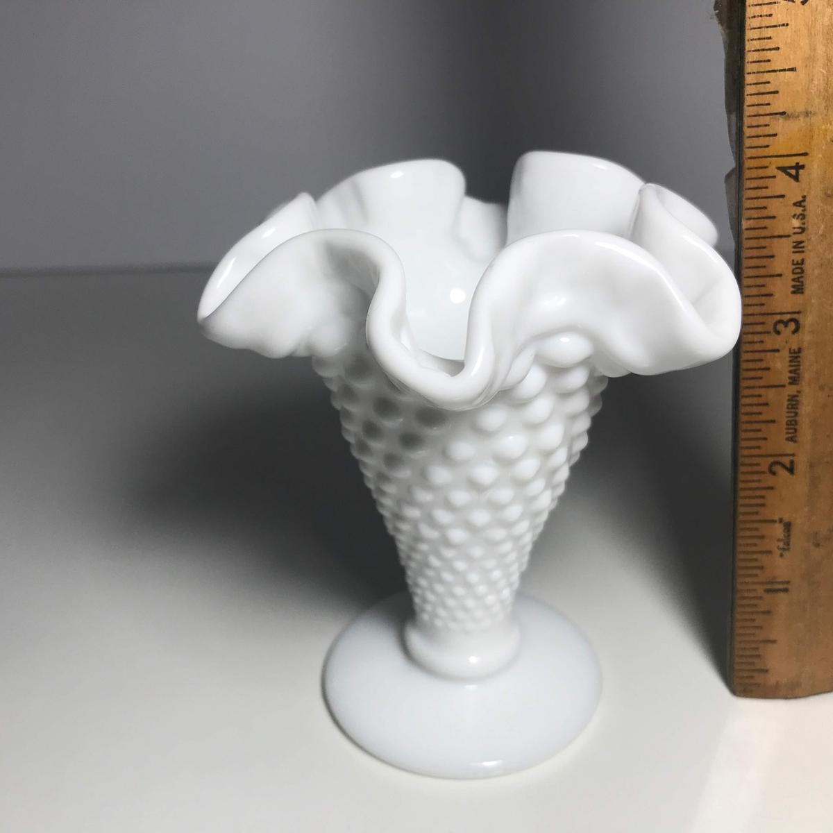 Vintage Fenton Milk Glass Hobnail Ruffled Edge Short Vase