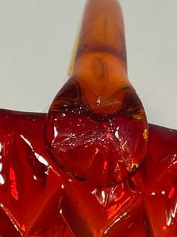 Beautiful Red Orange Glass Basket with Diamond Pattern