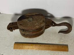 Antique Heavy Wood & Metal Double Pulley
