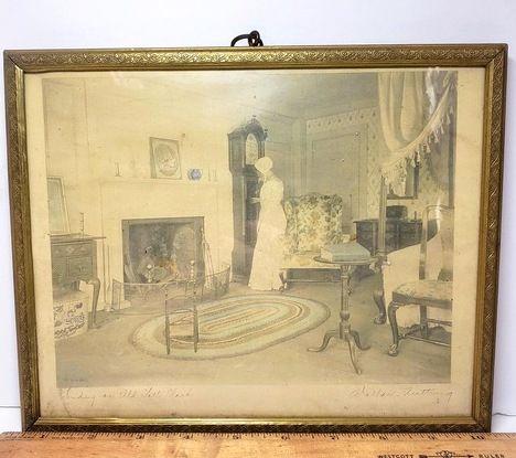 Antique Signed Wallace Nutting Winding An Old Tall Clock Colorized Photo Framed Art 1913