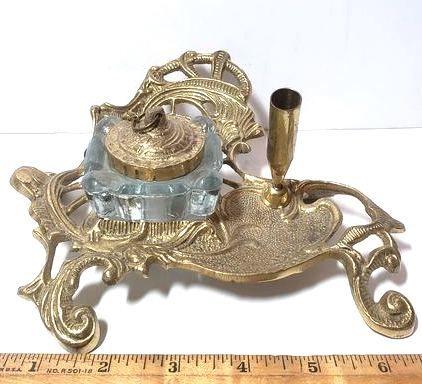 Antique Ornate Brass Inkwell