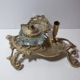 Antique Ornate Brass Inkwell