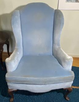 Vintage Blue Velvet Wingback Chair with Queen Anne Legs