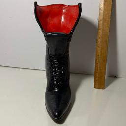 Ceramic Black Boot Match Holder with Red Interior