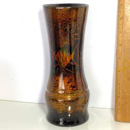 Vietnamese Lacquer Vase with Foil Fish Inlay Signed on Bottom