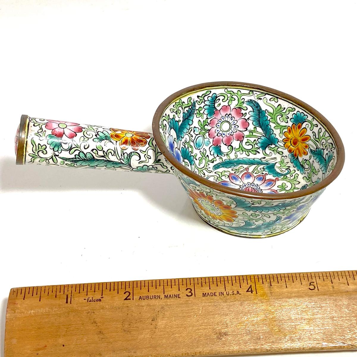 Pretty Floral Cloisonne' Brass Pot with Handle