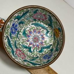 Pretty Floral Cloisonne' Brass Pot with Handle