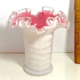 Fenton Silver Crest White Vase with Pink Overlay