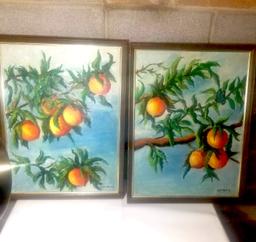 Pair of Hand Painted Peach Paintings Signed by Artist
