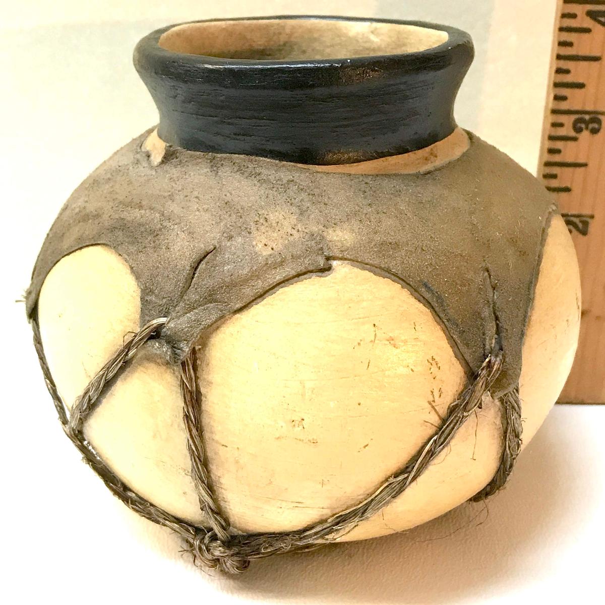 Vintage Handmade Southwestern Native American Clay Rawhide Covered Storage Vase