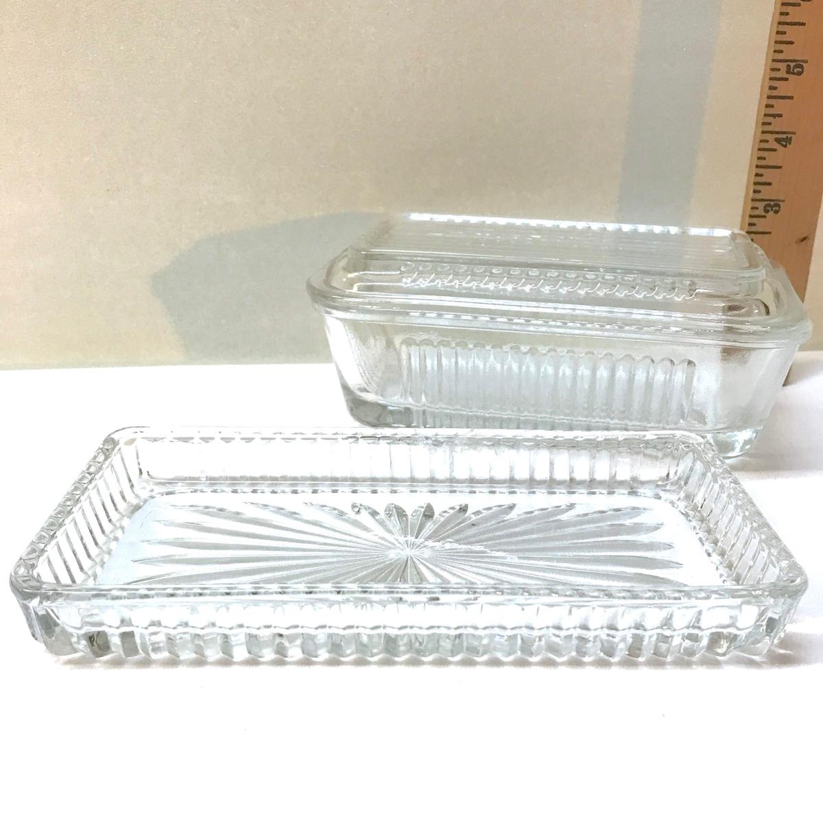 Vintage 50’s Ribbed Clear Refrigerator Dish W/Lid And Butter Stick Holder