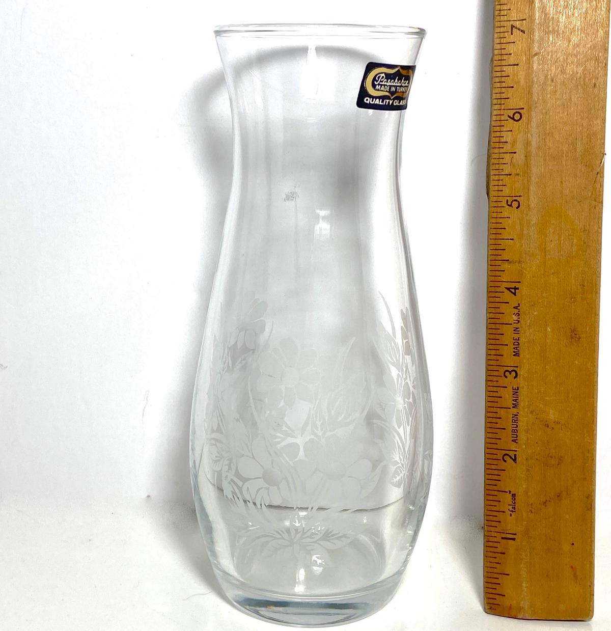 Etched Floral Pasabahce Vase Made in Turkey with Original Foil Label
