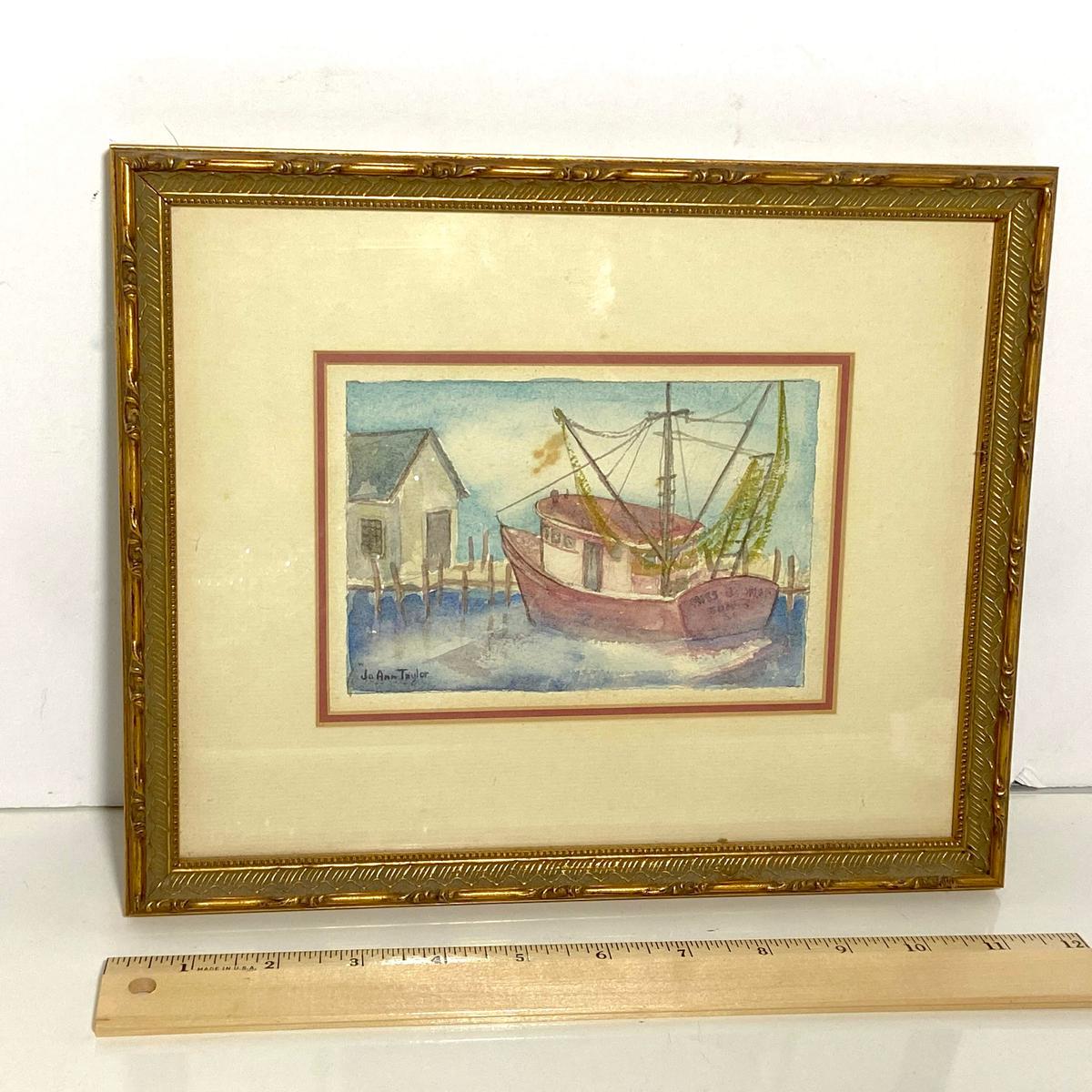 Original Vintage Nautical Watercolor Signed Jo Ann Taylor in Frame