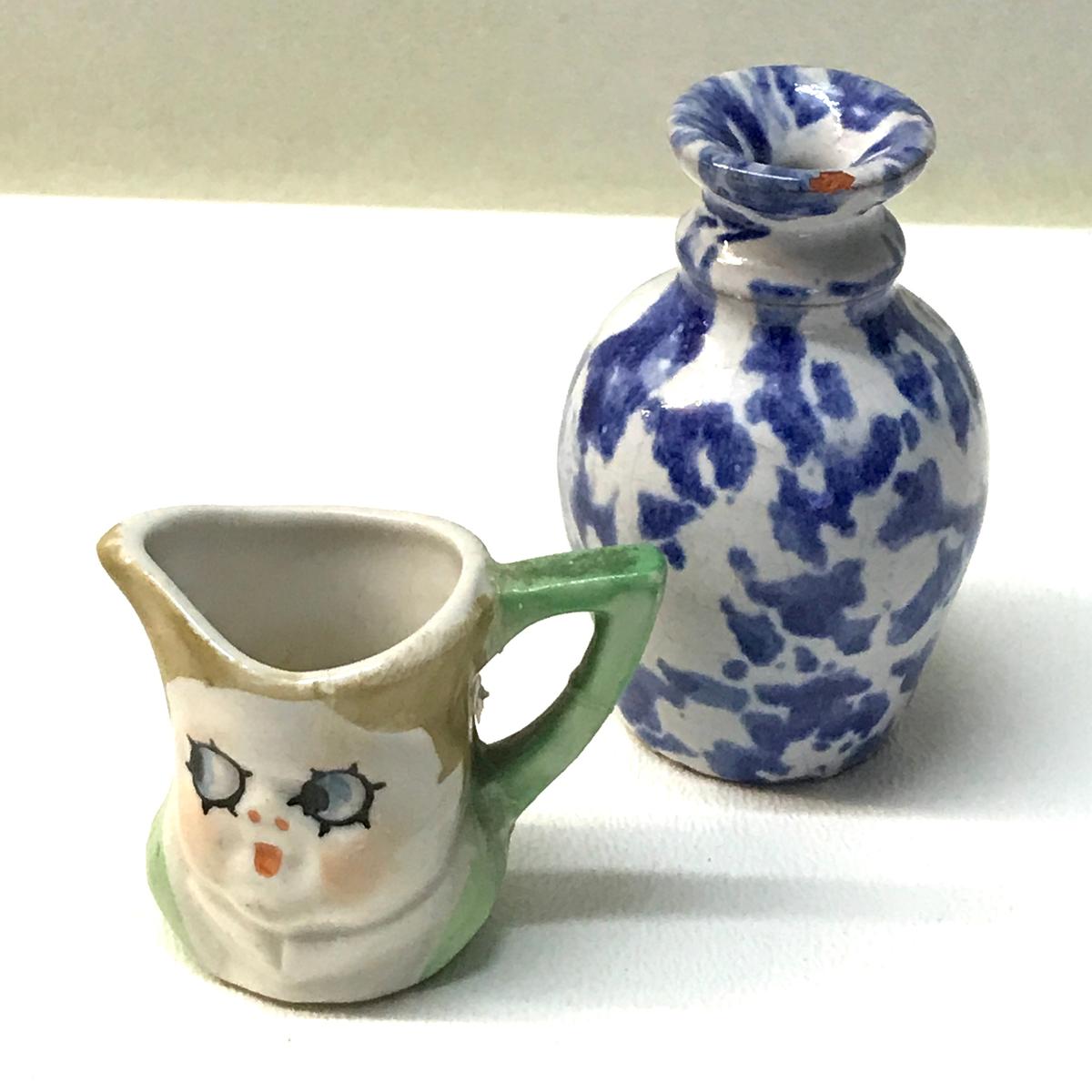 Vintage Miniature Pottery Creamer & Spongeware Blue Vase -  Signed Circa 1985